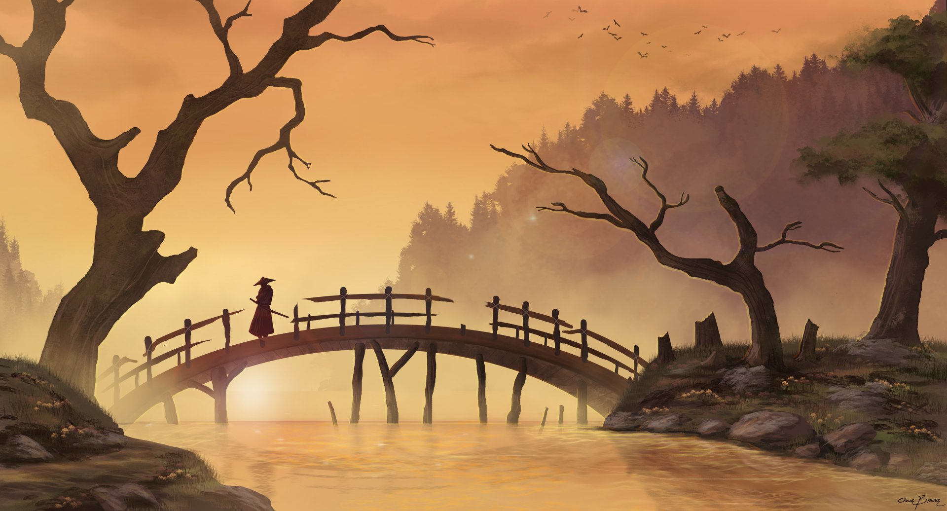 Fantasy landscape 2K Quad HD PC desktop wallpaper and background: misty sunset river with arched wooden bridge, cloaked figure crossing, twisted trees and distant forested hills.