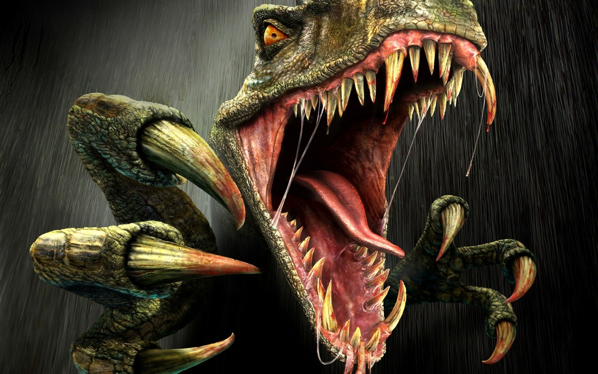 A fierce dinosaur displays sharp fangs and claws, capturing the intensity of the Turok video game. The image serves as a dramatic HD wallpaper for PC desktops.