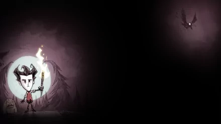 HD PC desktop wallpaper featuring a dark, eerie scene from the video game Don't Starve, with a character holding a torch and a shadowy creature flying nearby.