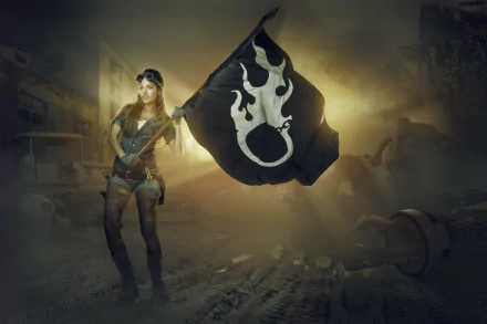 Dark HD PC desktop wallpaper: lone female rebel in post-apocalyptic rubble holding a black flag with an anarchy emblem, illuminated by smoky golden backlight.