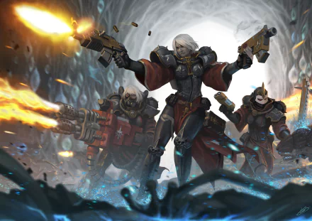 A dynamic HD wallpaper featuring the Adepta Sororitas, Sisters of Battle, from Warhammer, showcasing powerful characters in an action-packed scene.