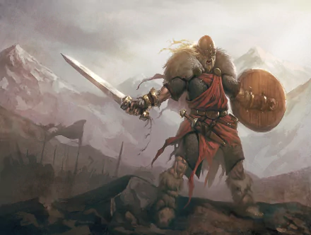 A fierce Viking warrior stands confidently with a sword and shield, set against a dramatic mountainous landscape. This HD wallpaper captures the essence of fantasy and adventure.