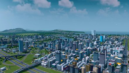 HD Cities: Skylines desktop wallpaper featuring a detailed view of a vibrant digital cityscape with skyscrapers and roads.