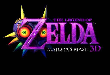 HD PC desktop wallpaper featuring The Legend of Zelda: Majora's Mask 3D logo with the iconic Majora’s Mask design in vibrant purple and colorful details.