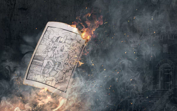A dramatic HD desktop wallpaper featuring artwork from the video game Payday 2, surrounded by swirling smoke and flames, creating a striking and immersive visual experience.