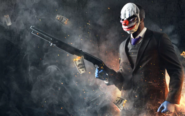 A character from Payday 2 wearing a clown mask and suit holds a shotgun, surrounded by swirling smoke and falling money, creating an intense and dramatic atmosphere. HD desktop wallpaper.