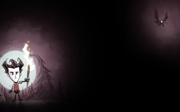 HD PC desktop wallpaper featuring a dark, eerie scene from the video game Don't Starve, with a character holding a torch and a shadowy creature flying nearby.