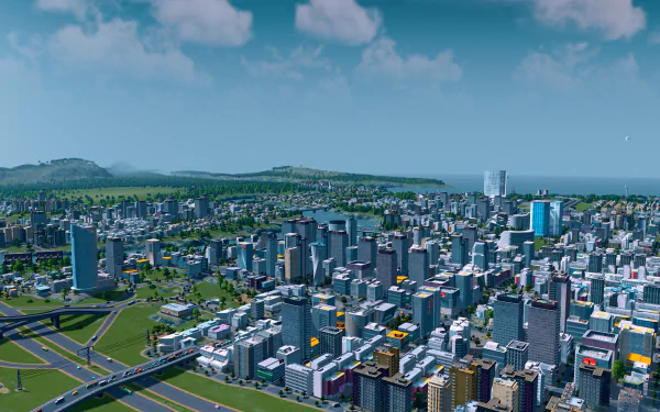 HD Cities: Skylines desktop wallpaper featuring a detailed view of a vibrant digital cityscape with skyscrapers and roads.
