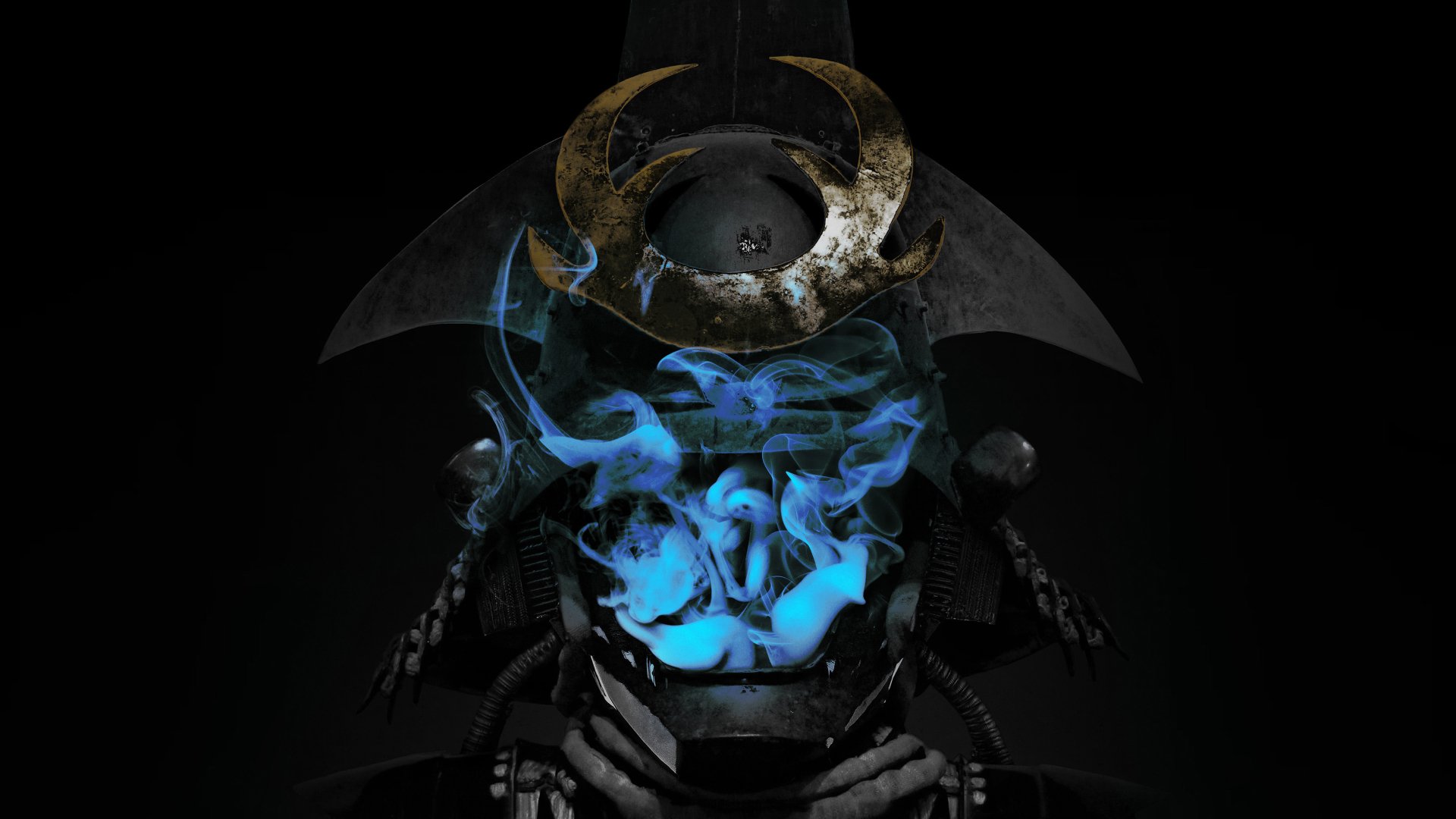 HD desktop wallpaper featuring a dark, futuristic samurai helmet with glowing blue smoke, inspired by The Glitch Mob music aesthetic.