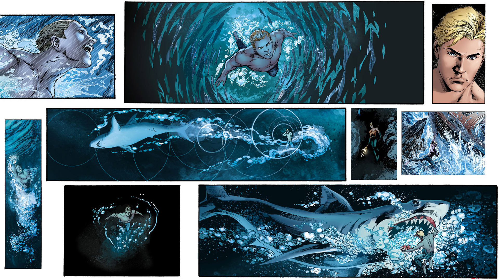 HD PC desktop wallpaper featuring dynamic comic scenes of Aquaman underwater, showcasing powerful marine action and vibrant aquatic visuals.