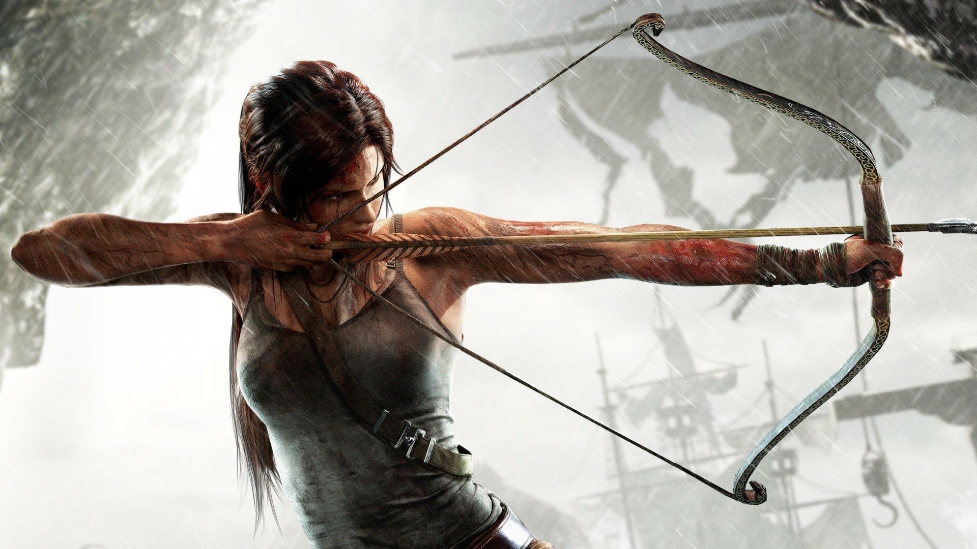 HD PC desktop wallpaper featuring Lara Croft from the video game Tomb Raider, aiming a bow with a focused expression in a dramatic, action-packed scene.