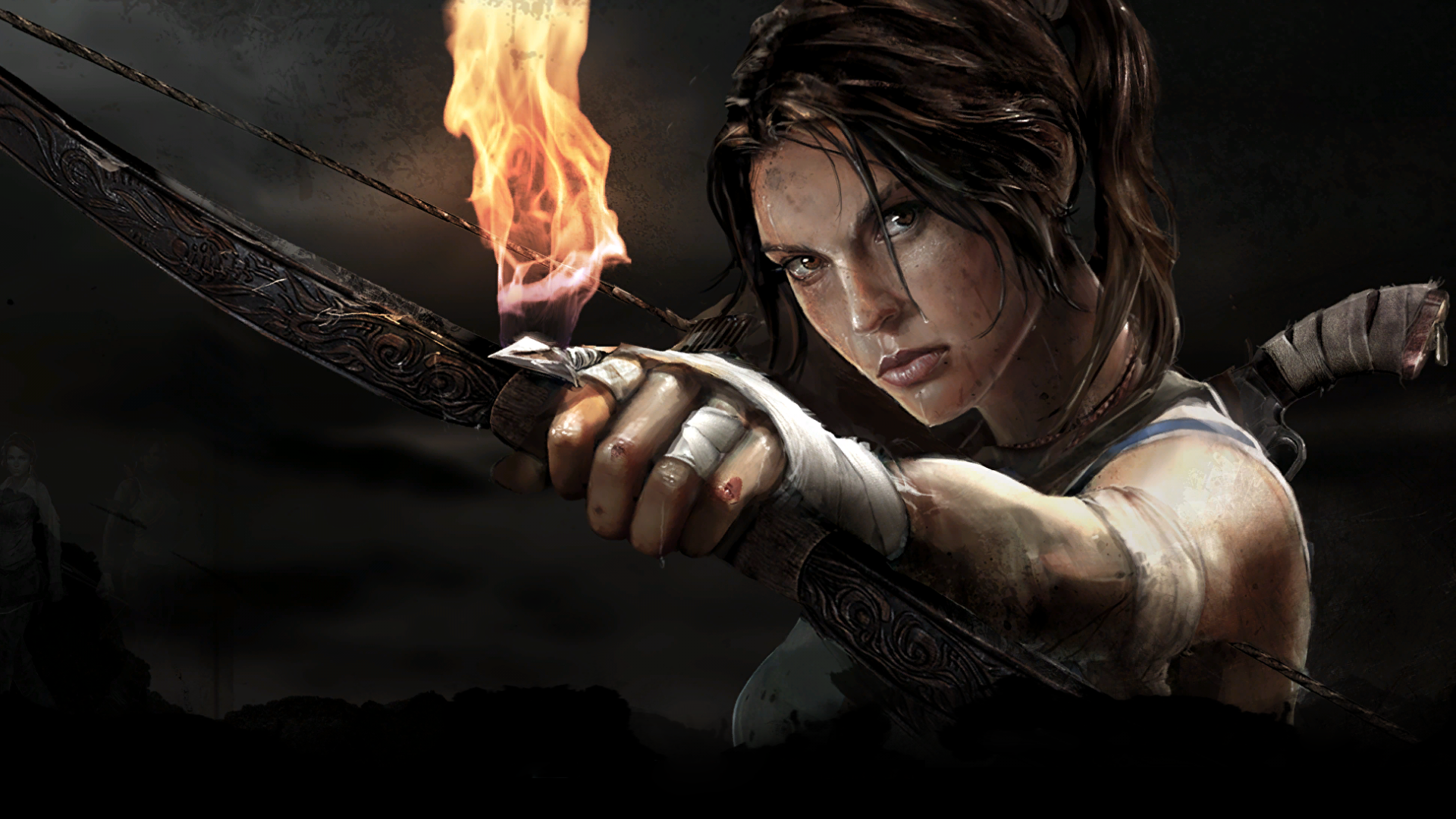 Tomb Raider video game HD PC desktop wallpaper: Lara Croft drawing a flaming arrow on a bow, determined expression against a dark, stormy backdrop.