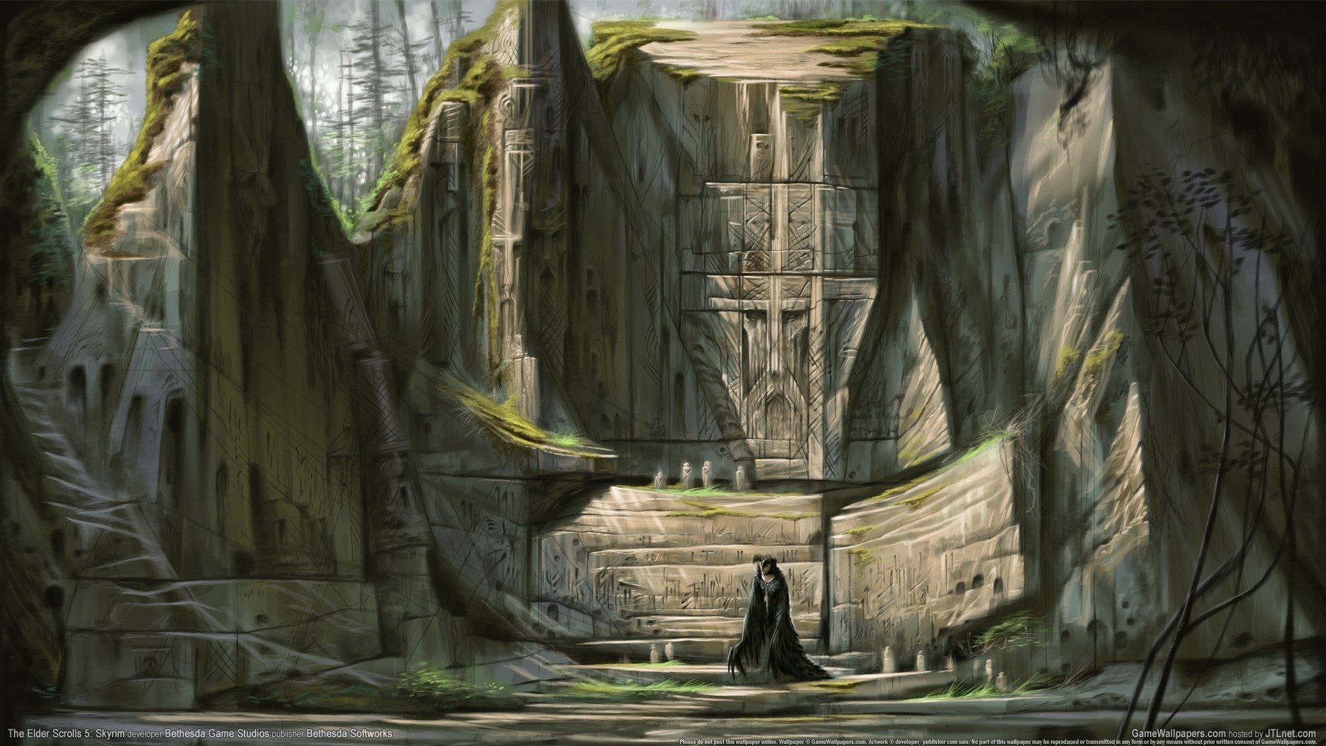 A captivating HD desktop wallpaper from The Elder Scrolls V: Skyrim, featuring a mysterious figure standing before ancient stone structures in a lush, serene forest setting.