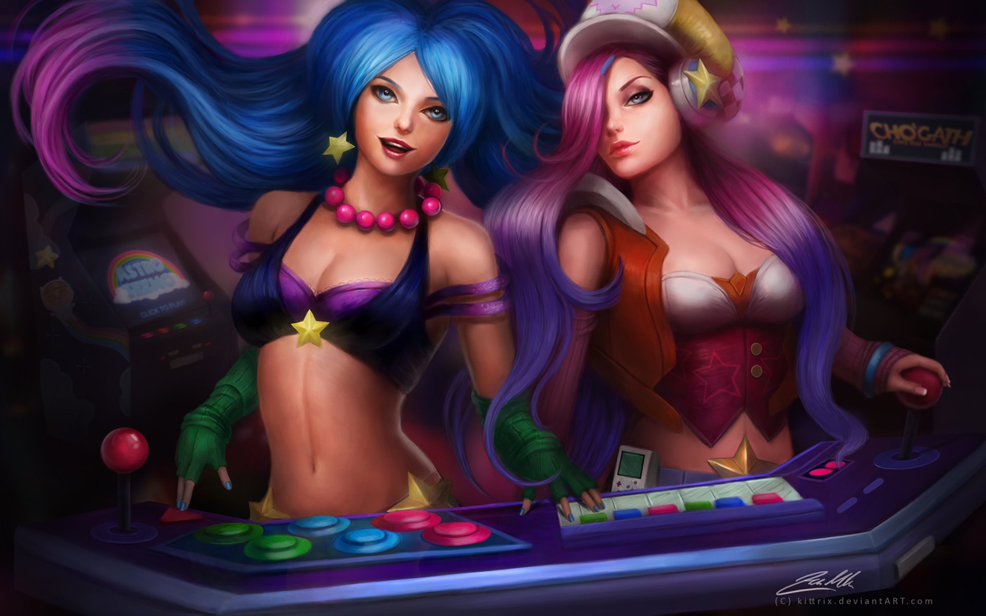 Sona and Miss Fortune from League of Legends pose together in a vibrant arcade setting in this stunning HD desktop wallpaper featuring colorful gaming elements.
