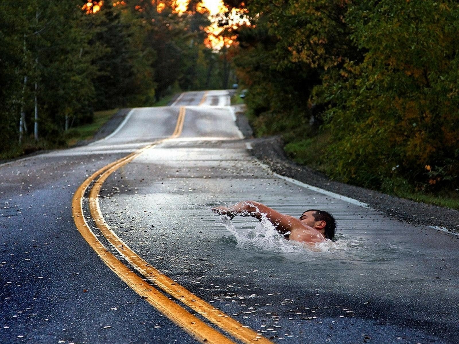 HD desktop wallpaper featuring a manipulated image of a man swimming in a water-covered section of a winding road surrounded by trees at sunset.