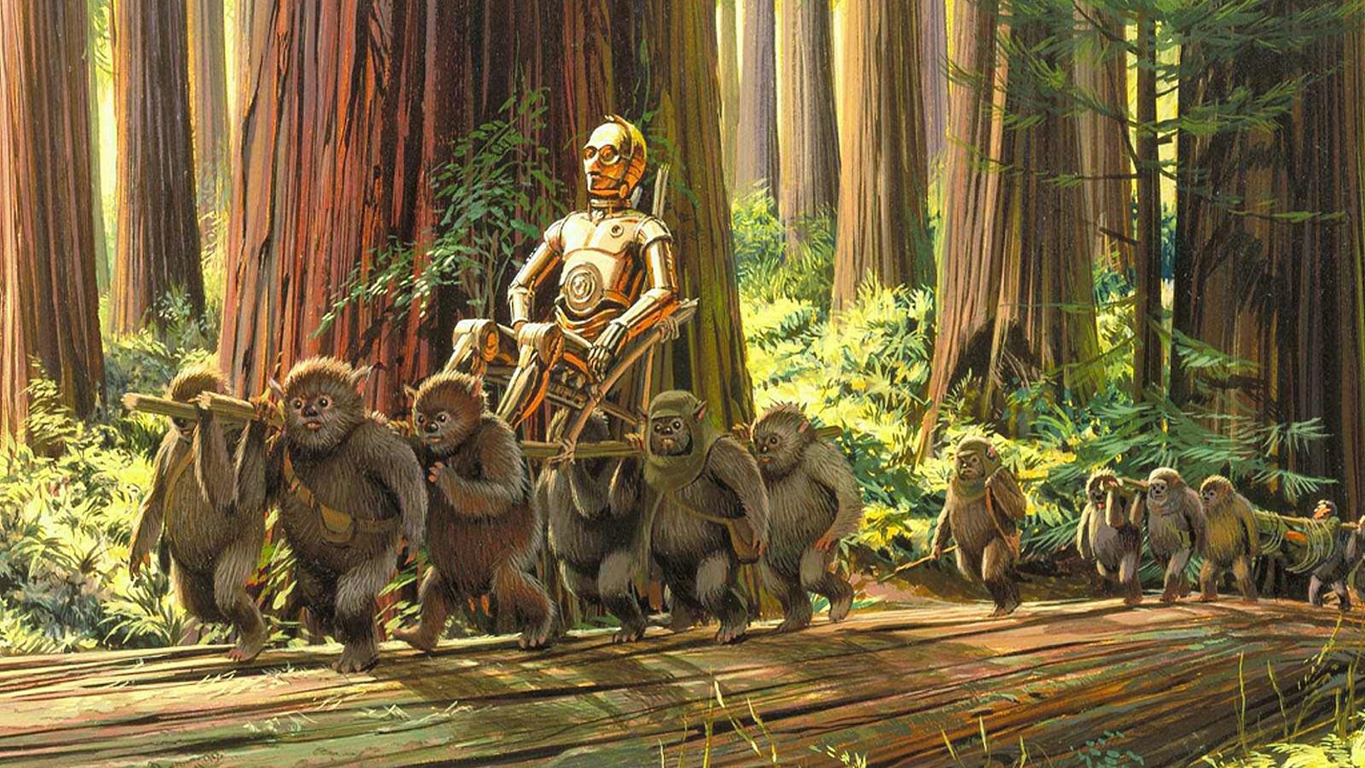 Sci‑Fi Star Wars HD PC desktop wallpaper: protocol droid C‑3PO walking among towering redwoods, flanked by a troop of curious Ewoks crossing a sunlit wooden path.