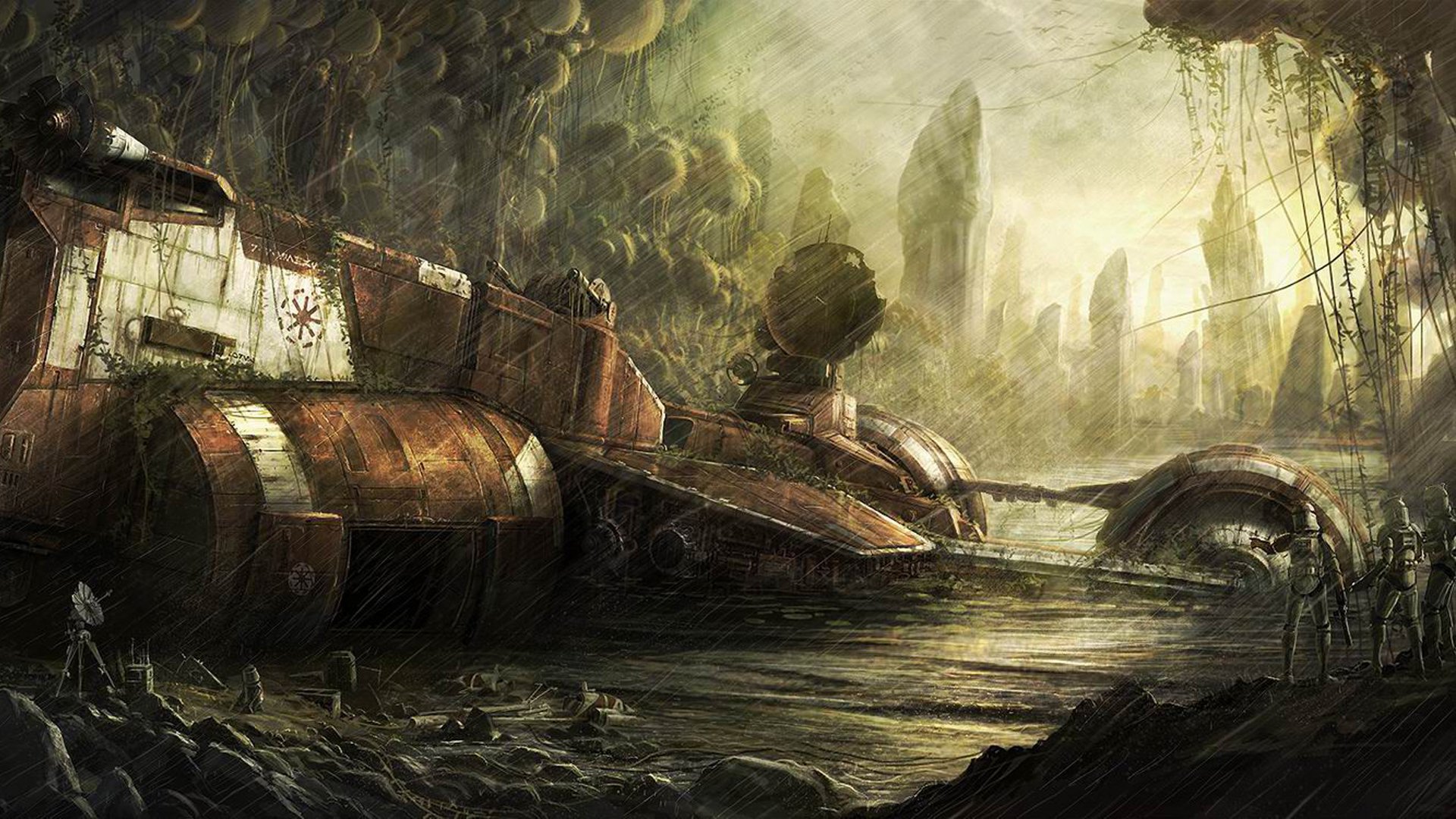 HD Sci-Fi Star Wars desktop wallpaper depicting a crashed spaceship in a misty, swamp-like alien environment with towering rock formations.