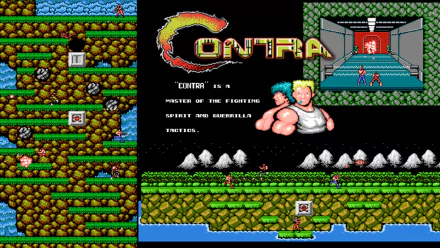 HD PC desktop wallpaper and background for the video game Contra: retro pixel-art title logo, two muscular soldiers and classic side-scrolling jungle and enemy base scenes.