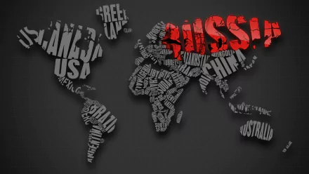 A world map design featuring country names in various fonts, with RUSSIA highlighted in bold red, set against a dark background, suitable as a HD PC desktop wallpaper.