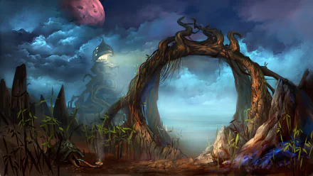 A stunning HD wallpaper from The Elder Scrolls III: Morrowind, showcasing a mystical landscape with an elaborate archway, dark clouds, and a vivid night sky.