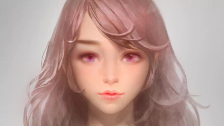 Anime original HD PC desktop wallpaper: soft-lit close-up of a pink-haired girl with violet eyes, subtle smile, and flowing hair.