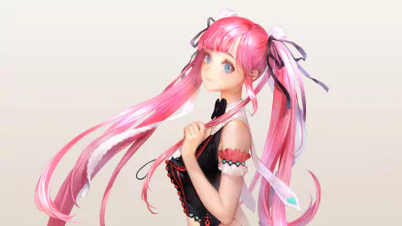 A captivating original anime character with long pink hair and blue eyes, set against a soft background, creating an engaging HD wallpaper for PC desktops.