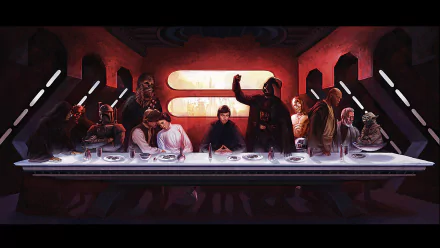 Sci-Fi Star Wars-themed illustration of The Last Supper, depicting iconic characters from the Star Wars universe around a futuristic dining table. HD desktop wallpaper and background.