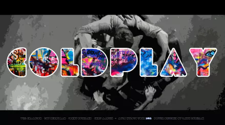 A vibrant HD wallpaper featuring the word COLDPLAY adorned with colorful artwork, set against a dynamic background of people in creative poses, capturing the essence of music.