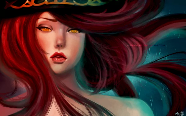 A striking 4K Ultra HD wallpaper featuring Miss Fortune from League of Legends, showcasing her vibrant red hair and captivating expression against a dynamic background.