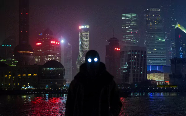 HD PC desktop wallpaper featuring a mysterious figure with glowing eyes against a neon-lit city skyline, blending music and danger in a dark urban atmosphere.