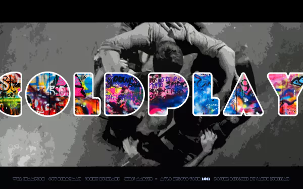 A vibrant HD wallpaper featuring the word COLDPLAY adorned with colorful artwork, set against a dynamic background of people in creative poses, capturing the essence of music.