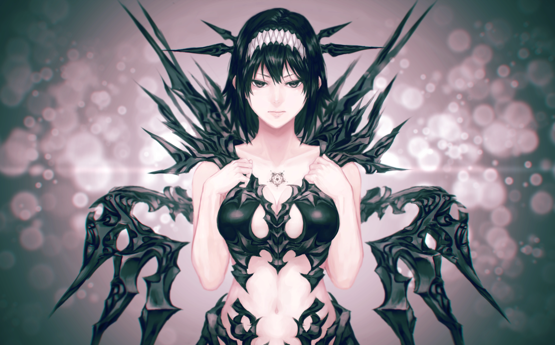 Anime woman in intricate black biomechanical armor with spiky wing-like protrusions and headband, pale skin against a soft bokeh backdrop — HD PC desktop wallpaper and background.