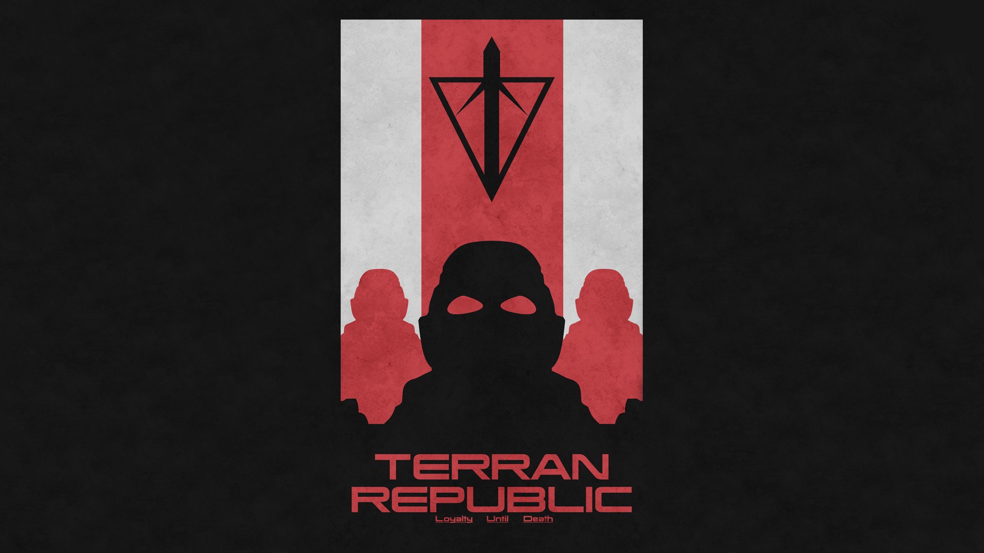 HD PC desktop wallpaper featuring a bold red and black Terran Republic emblem and soldiers from the video game Planetside 2.