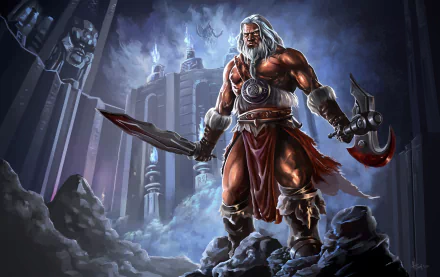 HD PC wallpaper featuring the Barbarian from Diablo III: Reaper of Souls, standing strong in a dark, ancient ruin with a large axe and sword.