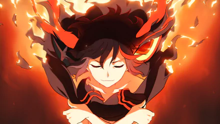Senketsu and Ryūko Matoi from Kill la Kill are depicted in a vibrant HD wallpaper, showcasing dynamic colors and intense expressions amidst fiery elements.