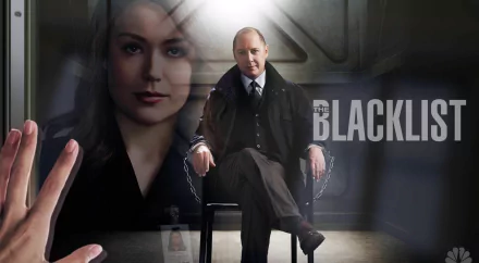 HD desktop wallpaper featuring two characters from The Blacklist TV show with the series logo in the background.
