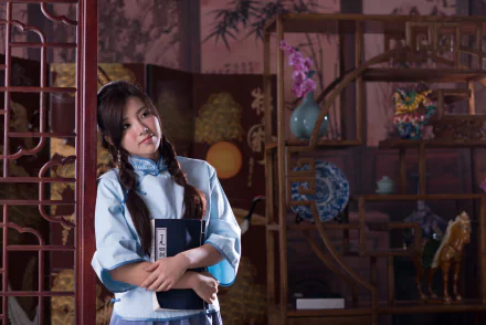 A Taiwanese woman, Chén Sīyǐng, poses elegantly in traditional attire, holding a copybook against a backdrop of intricate decor, captured in stunning 4K Ultra HD.