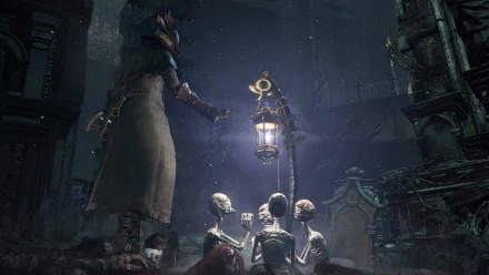 HD PC desktop wallpaper from the video game Bloodborne, featuring a dark, eerie scene with a cloaked figure and skeletons under a streetlamp in a gothic cityscape.