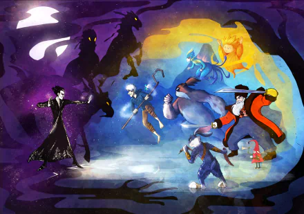 An action-packed HD wallpaper featuring E. Aster Bunnymund, North, Pitch, Tooth, and Jack Frost from Rise of the Guardians, set against a vibrant, mystical backdrop.
