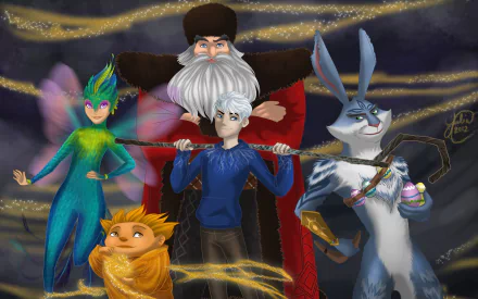 An HD wallpaper featuring characters from Rise of the Guardians: E. Aster Bunnymund, North, Tooth, Jack Frost, and others, set against a dynamic, whimsical background.