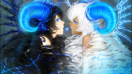 HD anime desktop wallpaper featuring original characters with short black and white hair, blue eyes, and large glowing blue horns facing each other in a mystical setting.