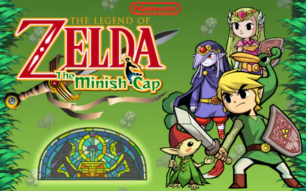 HD desktop wallpaper featuring Ezlo, Princess Zelda, Vaati, and Link from the video game The Legend of Zelda: The Minish Cap with the game's logo and Nintendo branding.