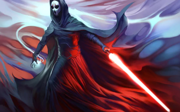 A dark, hooded Star Wars Sith figure wielding a glowing red lightsaber, set against swirling red and purple 4K Ultra HD sci-fi desktop wallpaper background.