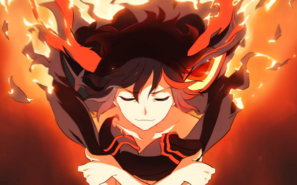 Senketsu and Ryūko Matoi from Kill la Kill are depicted in a vibrant HD wallpaper, showcasing dynamic colors and intense expressions amidst fiery elements.