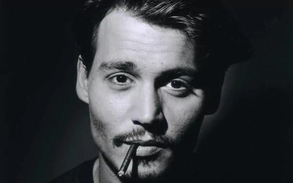 Black and white HD desktop wallpaper featuring Johnny Depp, with a cigarette in his mouth, capturing his intense gaze and iconic style.