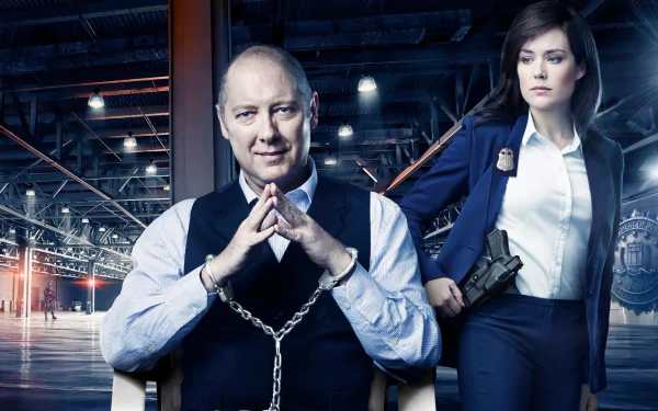 HD wallpaper of 'The Blacklist' featuring James Spader with a female companion, set in a dimly lit industrial space.