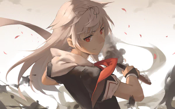 Yuudachi from Kantai Collection stands confidently with a sword, surrounded by a dramatic background of swirling petals and shadows, showcasing a captivating anime style in an HD wallpaper.
