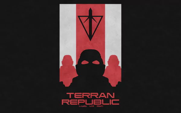 HD PC desktop wallpaper featuring a bold red and black Terran Republic emblem and soldiers from the video game Planetside 2.