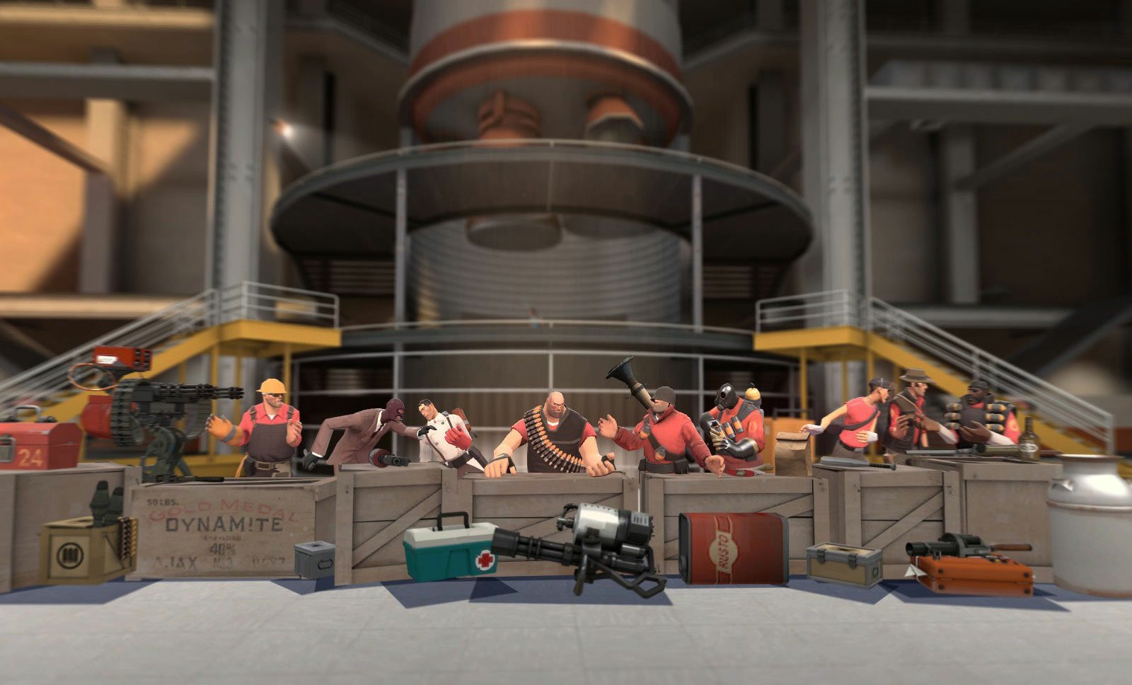 An HD PC desktop wallpaper featuring characters from Team Fortress 2, showcasing a lively scene with various gear and a dynamic industrial setting.