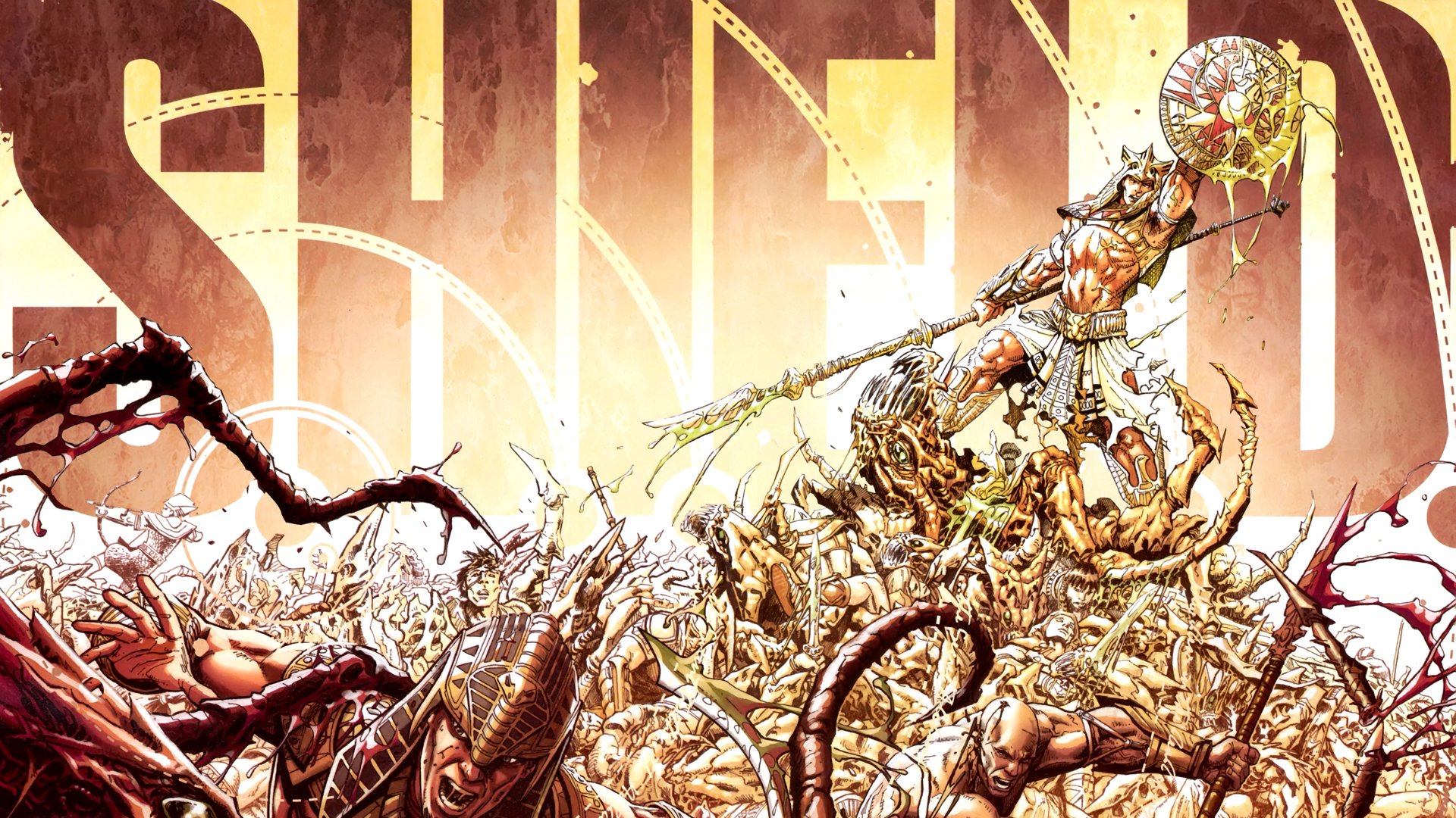 HD PC desktop wallpaper featuring a dynamic comic-style scene with a heroic figure wielding a shield amidst a chaotic battle of creatures.